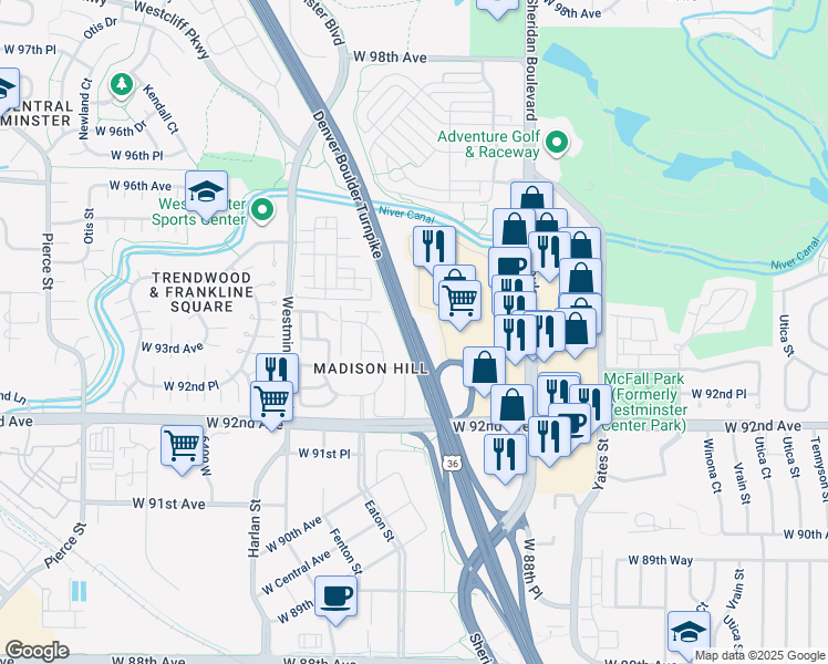 map of restaurants, bars, coffee shops, grocery stores, and more near Denver Boulder Turnpike in Westminster