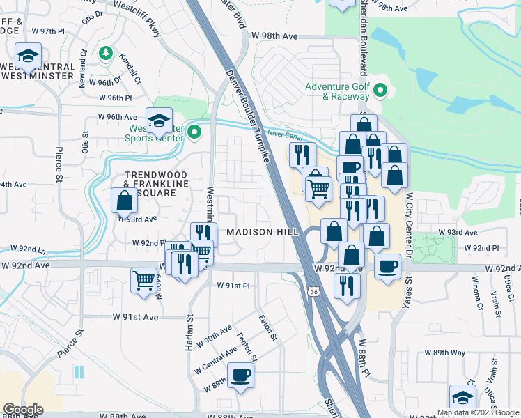 map of restaurants, bars, coffee shops, grocery stores, and more near 5731 West 92nd Avenue in Westminster