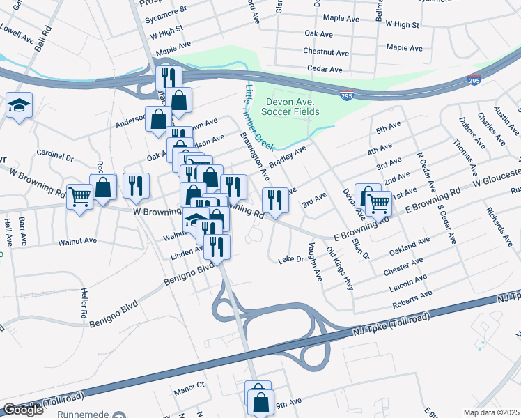 map of restaurants, bars, coffee shops, grocery stores, and more near 59 East Browning Road in Bellmawr