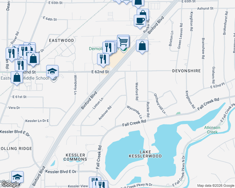 map of restaurants, bars, coffee shops, grocery stores, and more near 6121 Linton Lane in Indianapolis