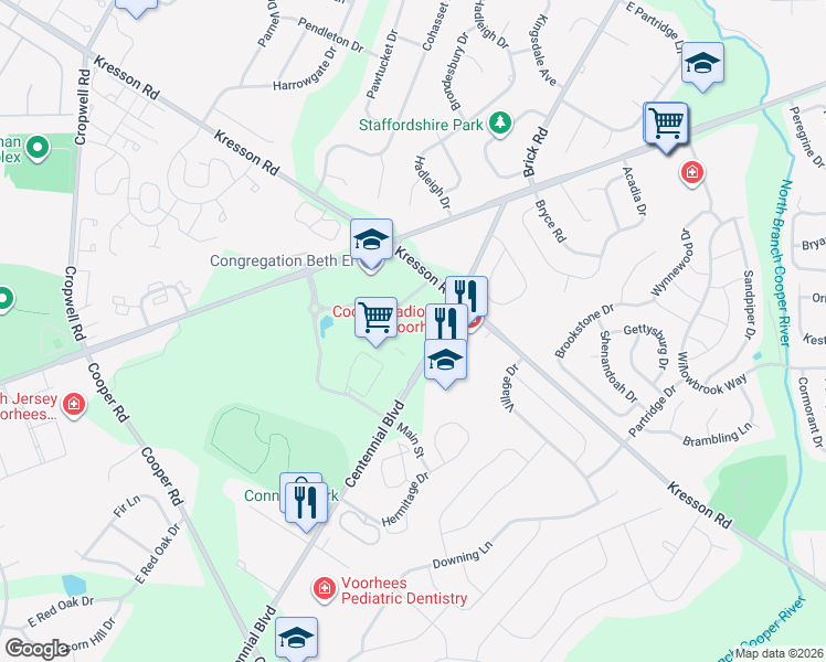 map of restaurants, bars, coffee shops, grocery stores, and more near 1000 Kresson Road in Voorhees Township
