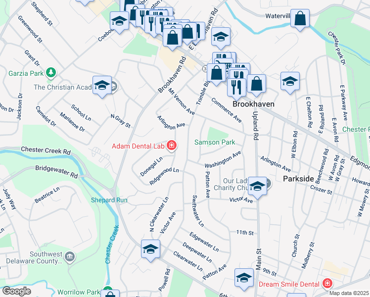 map of restaurants, bars, coffee shops, grocery stores, and more near 154 Trimble Boulevard in Brookhaven