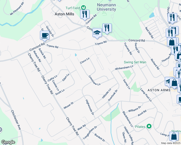 map of restaurants, bars, coffee shops, grocery stores, and more near 2244 Crestview Lane in Aston