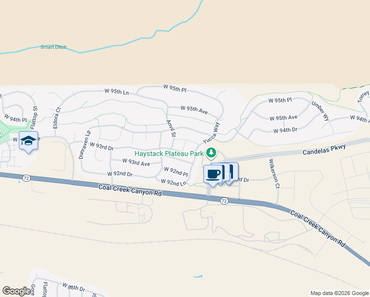 map of restaurants, bars, coffee shops, grocery stores, and more near 18475 West 94th Avenue in Arvada