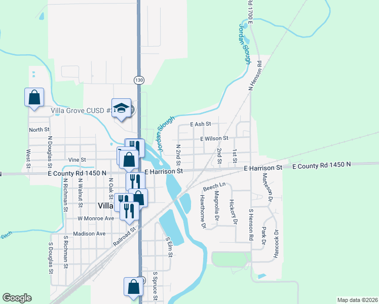 map of restaurants, bars, coffee shops, grocery stores, and more near 305 East Elm Street in Villa Grove