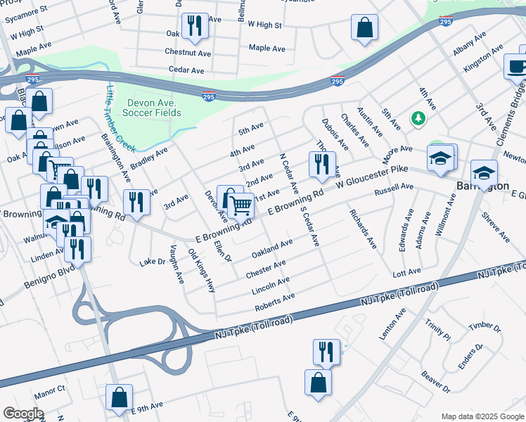 map of restaurants, bars, coffee shops, grocery stores, and more near 405 East Browning Road in Bellmawr