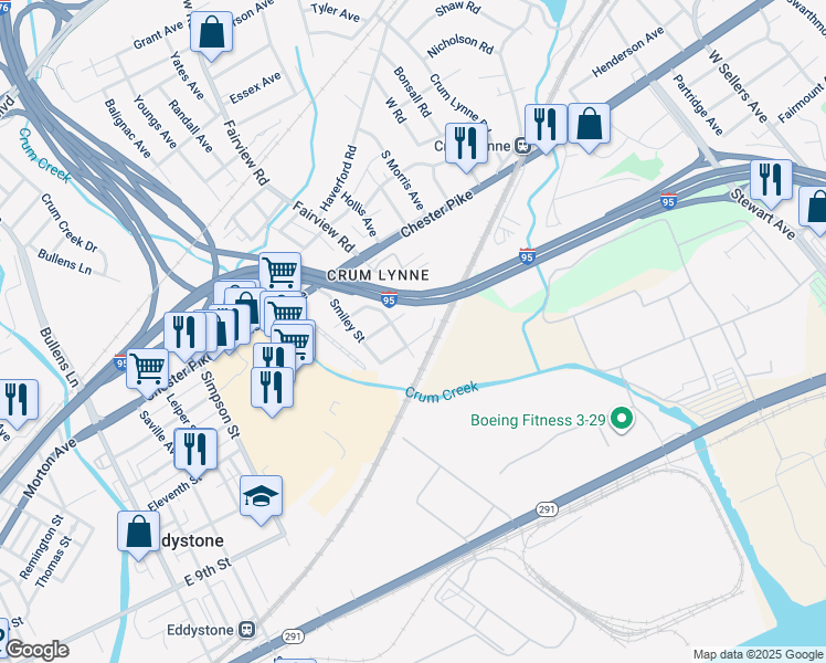 map of restaurants, bars, coffee shops, grocery stores, and more near 1163 Adams Street in Crum Lynne