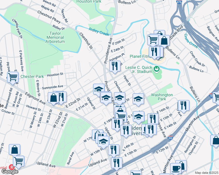 map of restaurants, bars, coffee shops, grocery stores, and more near 400 East 21st Street in Chester