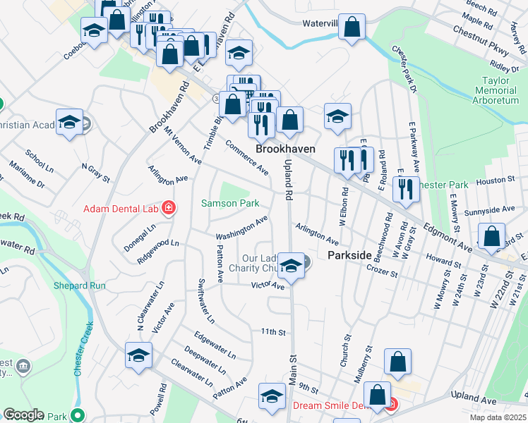 map of restaurants, bars, coffee shops, grocery stores, and more near 112 Washington Avenue in Brookhaven