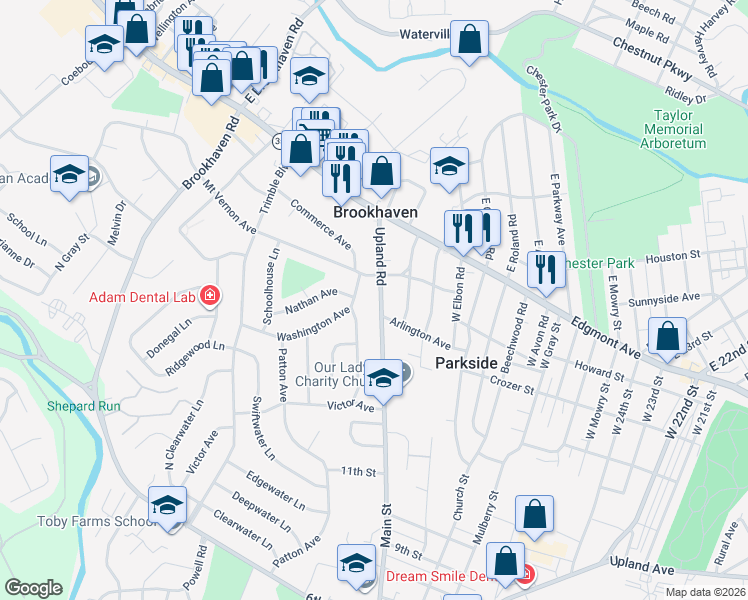 map of restaurants, bars, coffee shops, grocery stores, and more near 100 Upland Road in Brookhaven