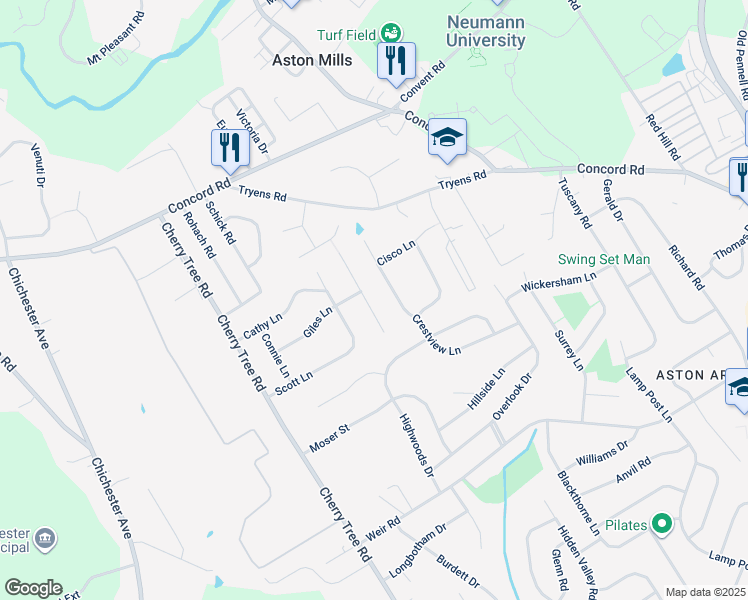 map of restaurants, bars, coffee shops, grocery stores, and more near 29 Jennifer Lane in Aston
