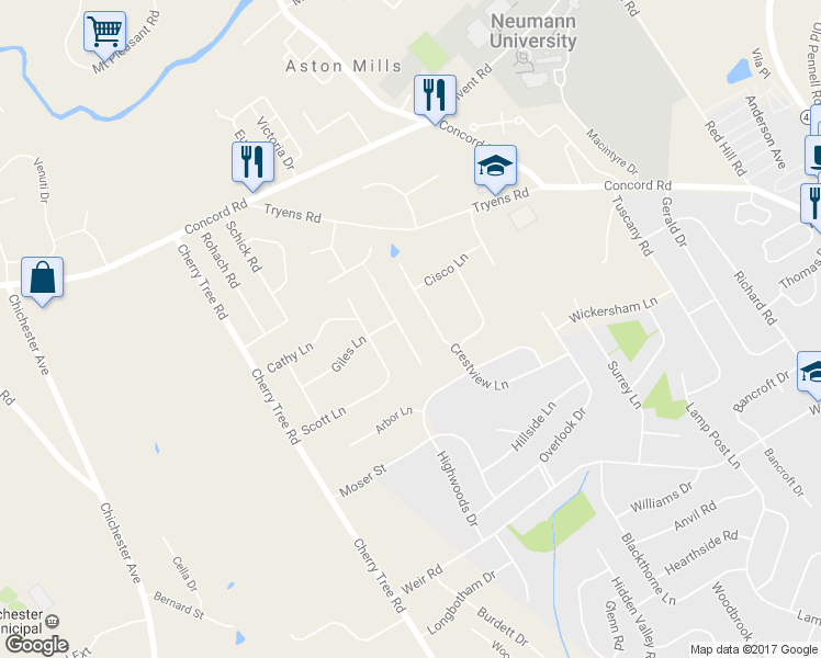 map of restaurants, bars, coffee shops, grocery stores, and more near 29 Jennifer Lane in Aston