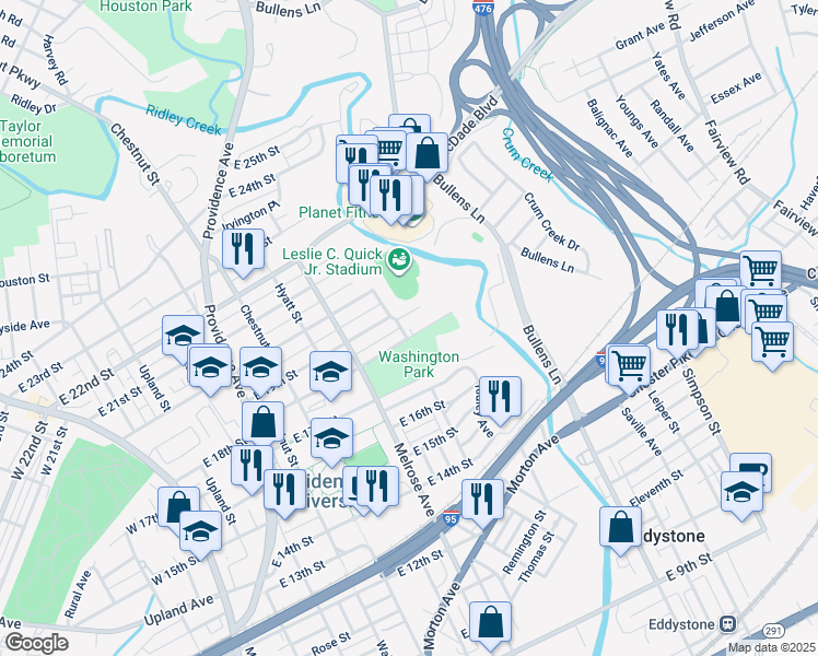 map of restaurants, bars, coffee shops, grocery stores, and more near 1004 East 18th Street in Chester