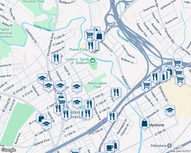 map of restaurants, bars, coffee shops, grocery stores, and more near 1004 East 18th Street in Chester