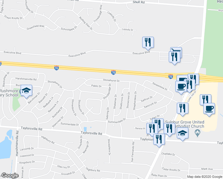 map of restaurants, bars, coffee shops, grocery stores, and more near 7948 Stockbridge Drive in Dayton