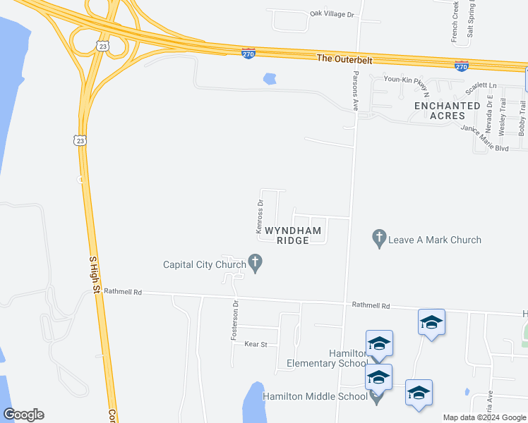 map of restaurants, bars, coffee shops, grocery stores, and more near 4662 Kenross Drive in Columbus