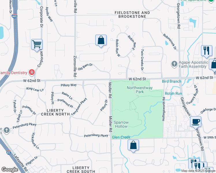 map of restaurants, bars, coffee shops, grocery stores, and more near 5346 Old Barn Drive in Indianapolis