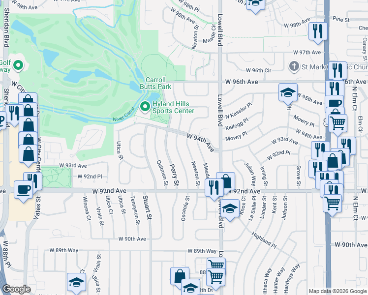 map of restaurants, bars, coffee shops, grocery stores, and more near 9385 Newton Street in Westminster