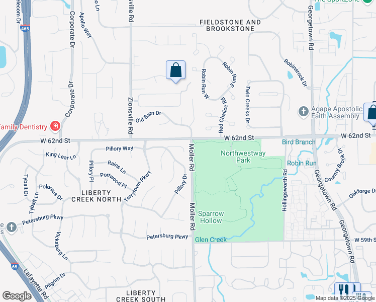 map of restaurants, bars, coffee shops, grocery stores, and more near 5346 Old Barn Drive in Indianapolis