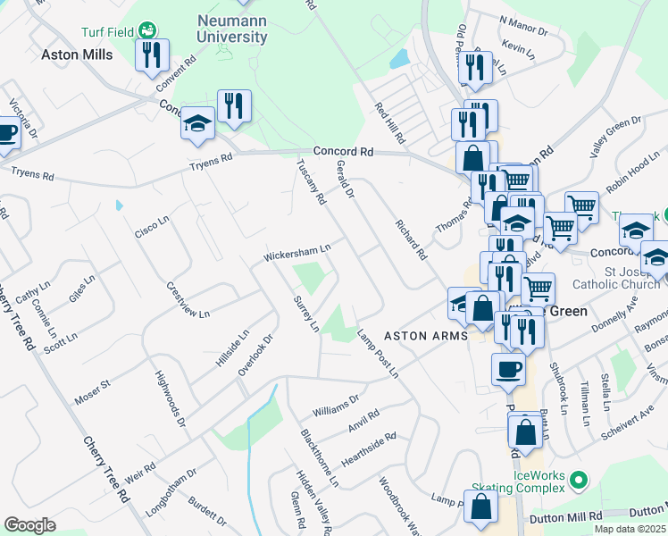 map of restaurants, bars, coffee shops, grocery stores, and more near 3000 Hetherton Drive in Aston