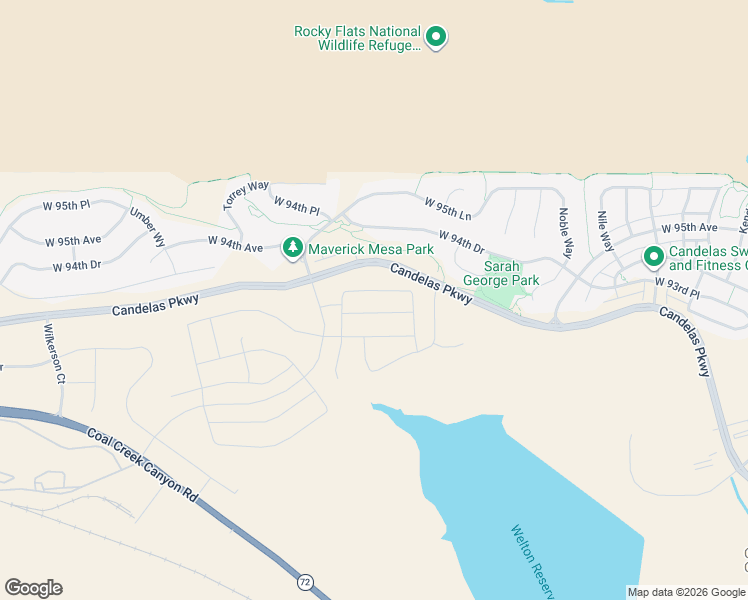 map of restaurants, bars, coffee shops, grocery stores, and more near 16596 West 93rd Place in Arvada