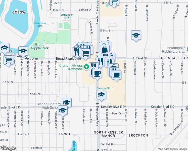 map of restaurants, bars, coffee shops, grocery stores, and more near 6154 North Keystone Avenue in Indianapolis