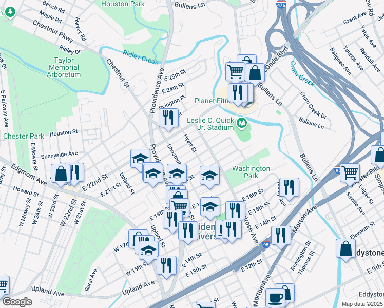 map of restaurants, bars, coffee shops, grocery stores, and more near 730-732 East 20th Street in Chester