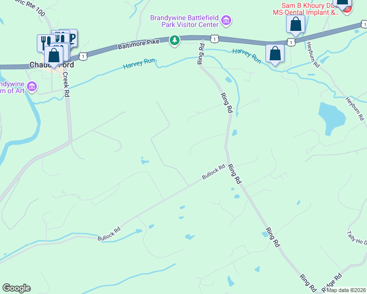 map of restaurants, bars, coffee shops, grocery stores, and more near 342 Ring Road in Chadds Ford