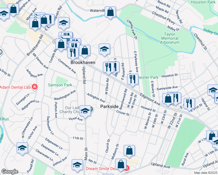 map of restaurants, bars, coffee shops, grocery stores, and more near 21 West Elbon Road in Brookhaven
