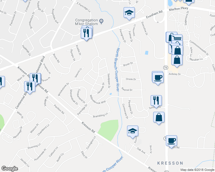 map of restaurants, bars, coffee shops, grocery stores, and more near 51 Sandpiper Drive in Voorhees Township