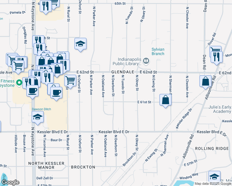 map of restaurants, bars, coffee shops, grocery stores, and more near 6150 North Tuxedo Street in Indianapolis