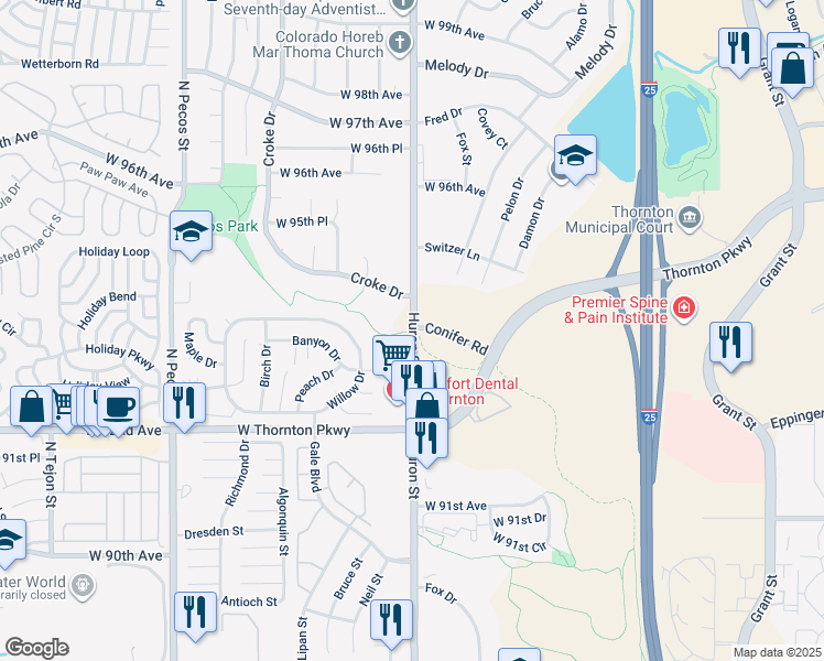map of restaurants, bars, coffee shops, grocery stores, and more near in Thornton