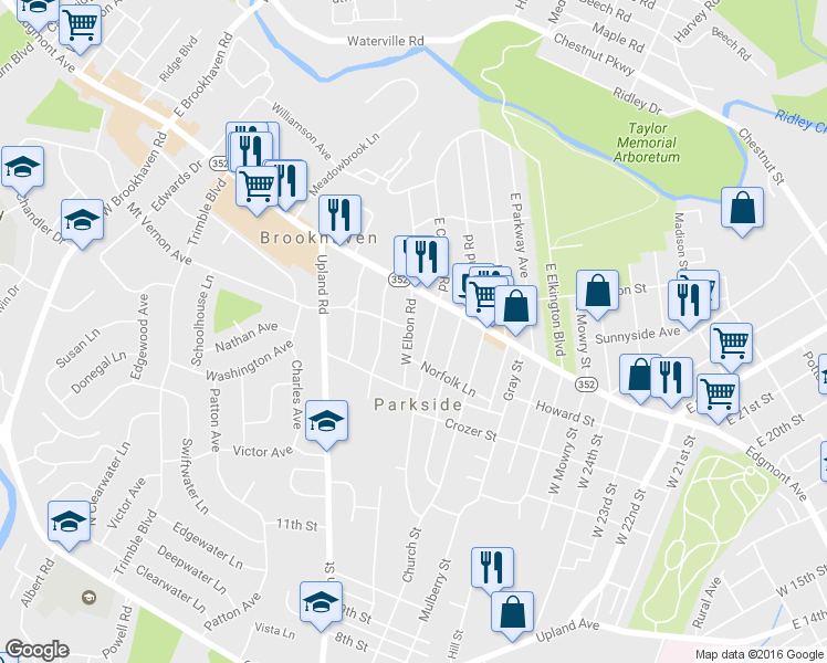 map of restaurants, bars, coffee shops, grocery stores, and more near 21 West Elbon Road in Brookhaven