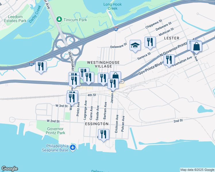 map of restaurants, bars, coffee shops, grocery stores, and more near 501 Jansen Avenue in Tinicum Township
