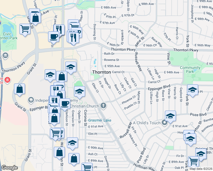 map of restaurants, bars, coffee shops, grocery stores, and more near 9401 Nagel Drive in Thornton