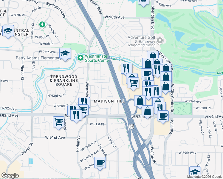map of restaurants, bars, coffee shops, grocery stores, and more near 105 West 92nd Avenue in Westminster