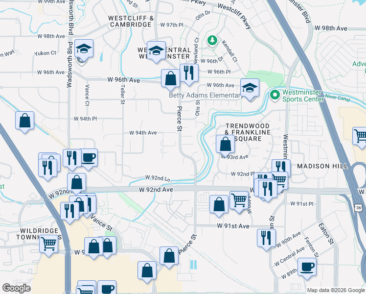 map of restaurants, bars, coffee shops, grocery stores, and more near in Westminster