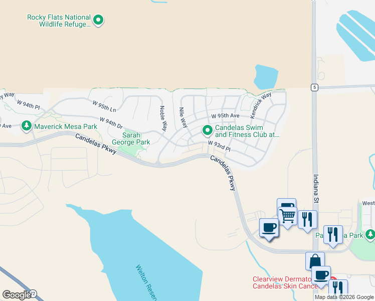 map of restaurants, bars, coffee shops, grocery stores, and more near 15881 West 93rd Place in Arvada