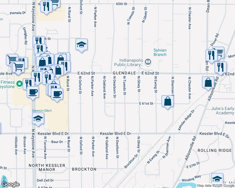 map of restaurants, bars, coffee shops, grocery stores, and more near 6150 North Tuxedo Street in Indianapolis
