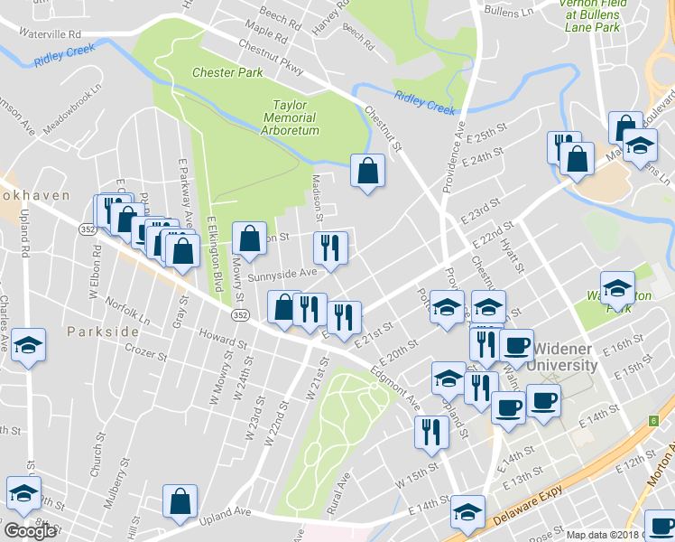 map of restaurants, bars, coffee shops, grocery stores, and more near 201 East 24th Street in Chester