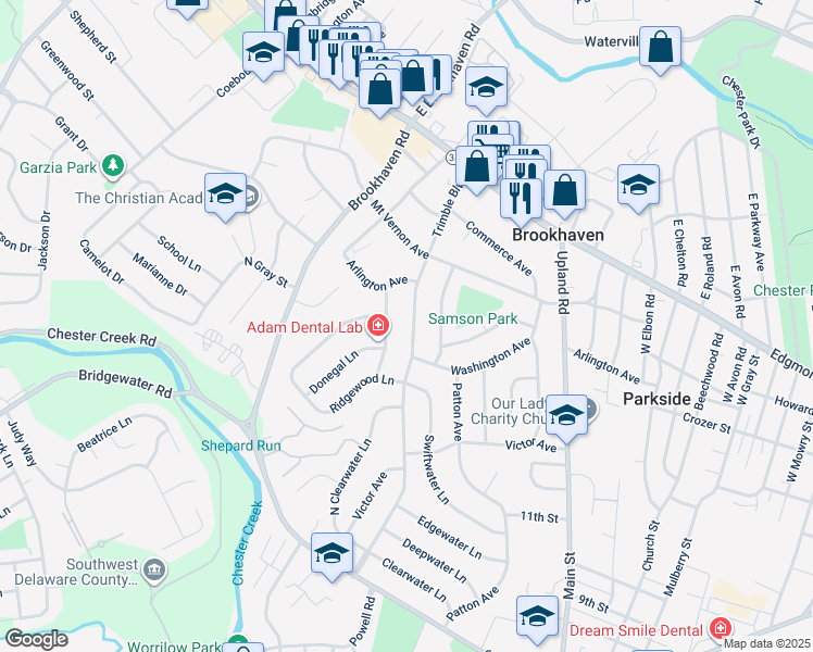 map of restaurants, bars, coffee shops, grocery stores, and more near 150 Trimble Boulevard in Brookhaven