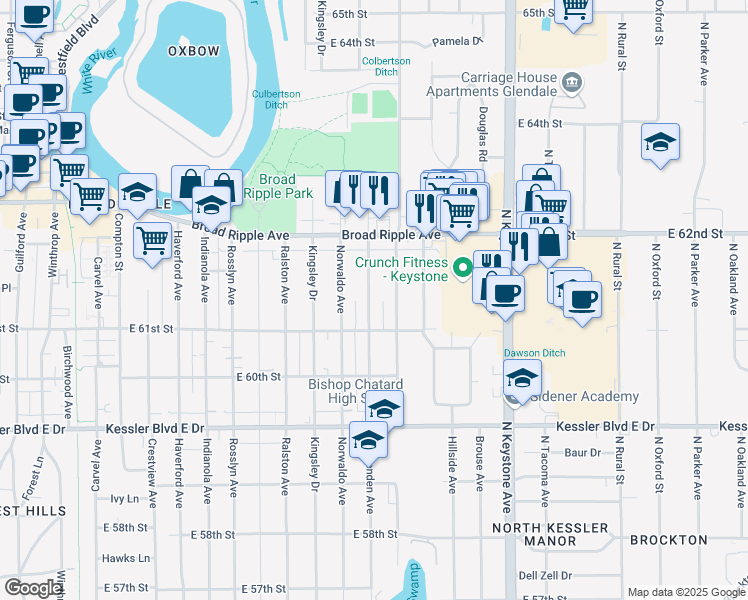 map of restaurants, bars, coffee shops, grocery stores, and more near 6133 Crittenden Avenue in Indianapolis