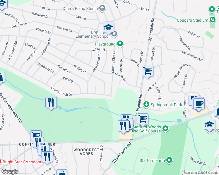map of restaurants, bars, coffee shops, grocery stores, and more near 410 Country Club Drive in Cherry Hill