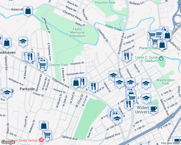 map of restaurants, bars, coffee shops, grocery stores, and more near 201 East 24th Street in Chester