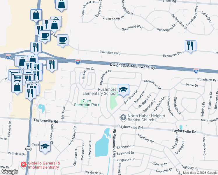 map of restaurants, bars, coffee shops, grocery stores, and more near 6113 Buckman Drive in Dayton