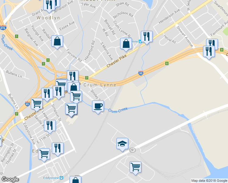 map of restaurants, bars, coffee shops, grocery stores, and more near 1147 Adams Street in Crum Lynne