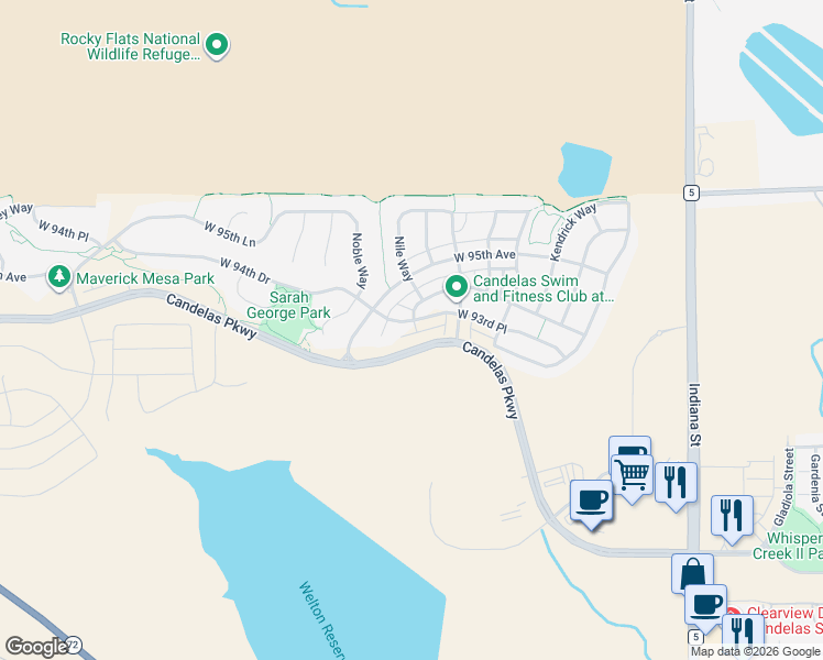 map of restaurants, bars, coffee shops, grocery stores, and more near 15881 West 93rd Place in Arvada