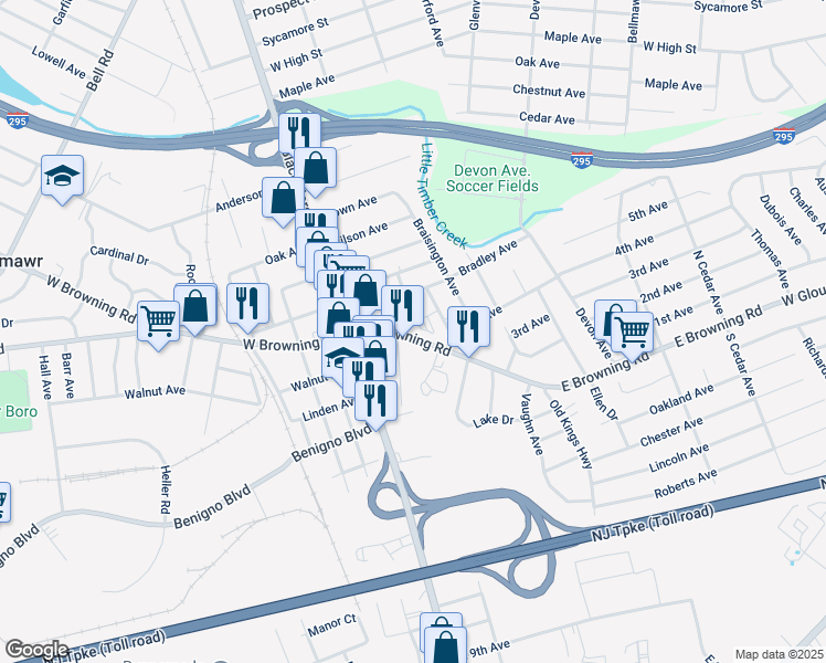 map of restaurants, bars, coffee shops, grocery stores, and more near 59 East Browning Road in Bellmawr