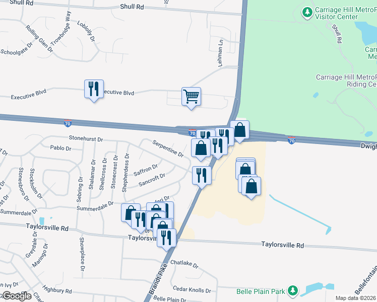 map of restaurants, bars, coffee shops, grocery stores, and more near 7860 Selwood Circle in Dayton