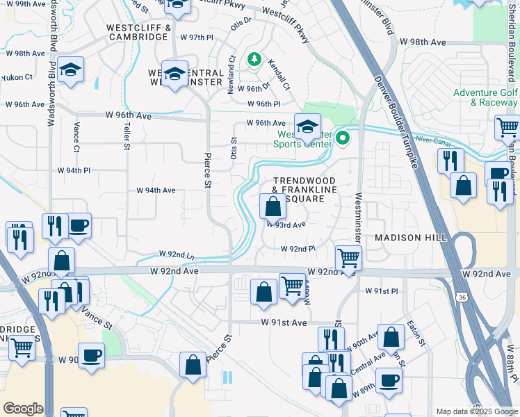 map of restaurants, bars, coffee shops, grocery stores, and more near 9417 North Lamar Street in Westminster